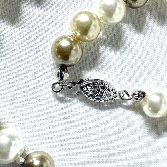 Faux Glass Pearl Necklace White Taupe 22" .925 Clasp - Picture 5 of 7